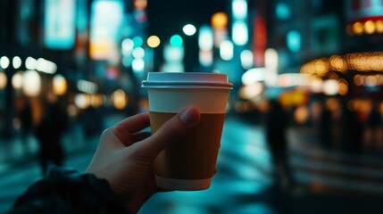 Focus on takeaway coffee cup with hand and city street bokeh in the background generative ai