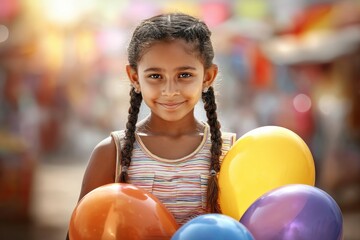 A young girl is holding a bunch of balloons in her hands