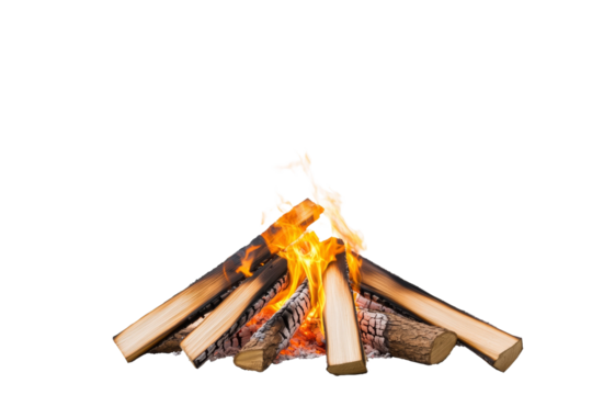 Pile of wood with a fire burning in the middle, isolated