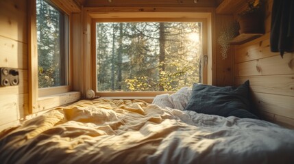 Freshly made bed in a small house, natural wood details, sunlight pouring in. generative ai
