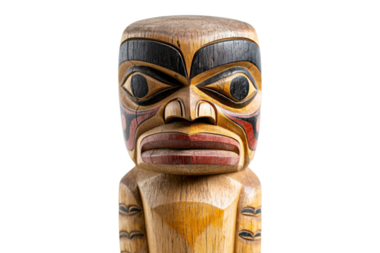 Wooden sculpture of a man with a red nose and black eyes
