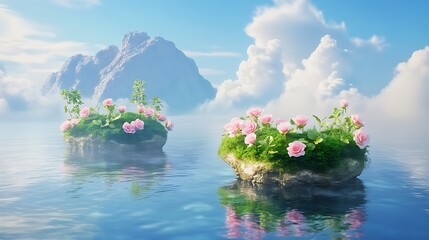 Floating islands with pink flowers amidst a blue sky
