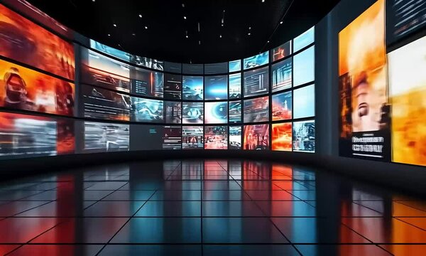 Immersive video wall experience with vibrant screens and reflective floor