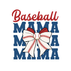Baseball Mama vector design featuring bold blue MAMA text stacked in the background with a central baseball and stitched white bow in the foreground, ideal for sports moms and fan apparel