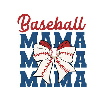 Baseball Mama vector design featuring bold blue MAMA text stacked in the background with a central baseball and stitched white bow in the foreground, ideal for sports moms and fan apparel