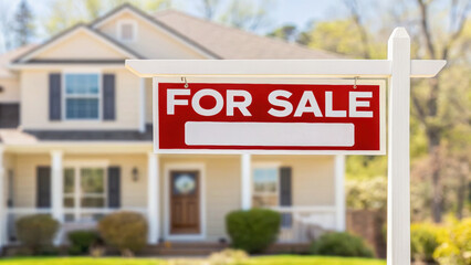 Obraz premium Housing development with for sale sign in front of suburban house ready for new owners