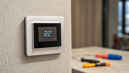 Modern thermostat on wall showing temperature in housing development with tools on table in background