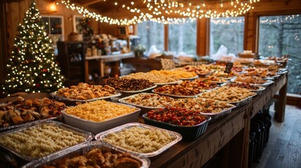 Fototapeta premium Abundant Holiday Feast Displayed in Rustic Cabin with Festive Decor