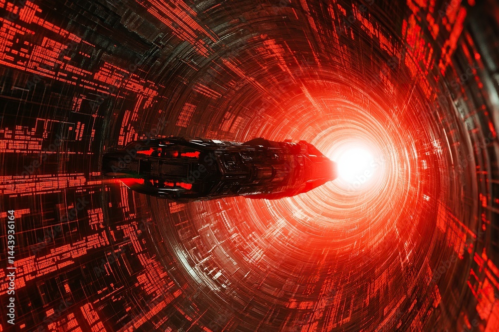 Poster A spaceship flies through the center of an infinite tunnel made up entirely of computer code. A red light shines on it, with a digital fractal texture background, hyper-realistic and high resolution. 