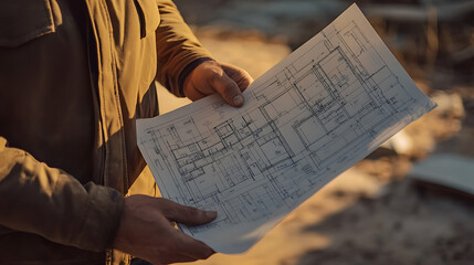 Naklejka premium Construction Worker Holding Blueprint at Site