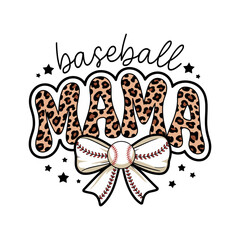 Trendy baseball mama design featuring bold leopard print lettering, a white bow with baseball stitching, and scattered black stars, ideal for sports moms and team supporters