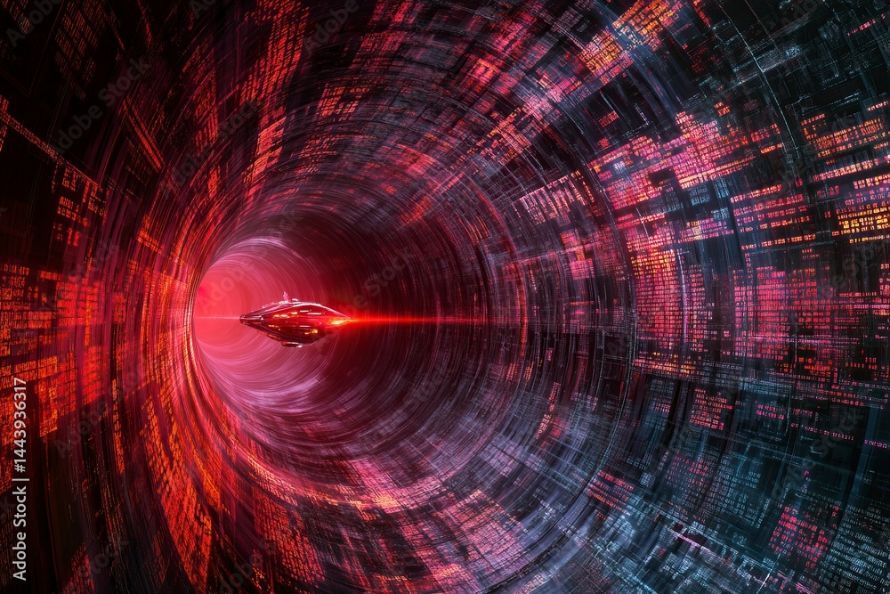 Poster A spaceship flies through the center of an infinite tunnel made up entirely of computer code. A red light shines on it, with a digital fractal texture background, hyper-realistic and high resolution. 