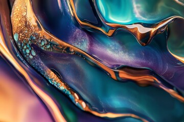 Abstract fluid art with vibrant colors and metallic accents.