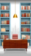 Fototapeta premium Modern Office Desk Bookshelves City View Professional Workspace