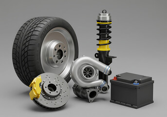 Various automotive components, including a tire, brakes, turbocharger, and shock absorber, are shown.