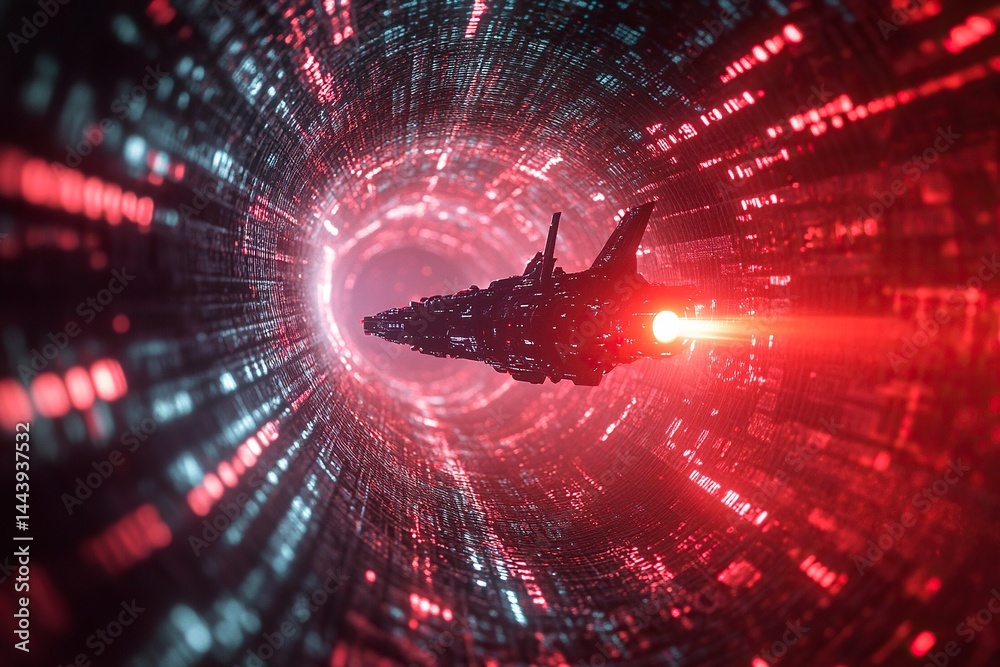 Poster A spaceship flies through the center of an infinite tunnel made up entirely of computer code. A red light shines on it, with a digital fractal texture background, hyper-realistic and high resolution. 
