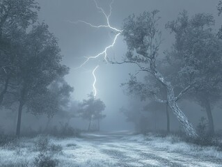 A dramatic winter forest path illuminated by a striking lightning bolt.