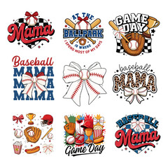 Colorful bundle of baseball-themed graphics featuring mama typography, game day elements, bows, hearts, gloves, bats, trophies, and snacks, perfect for t-shirts, sublimation, stickers, and sports fan 