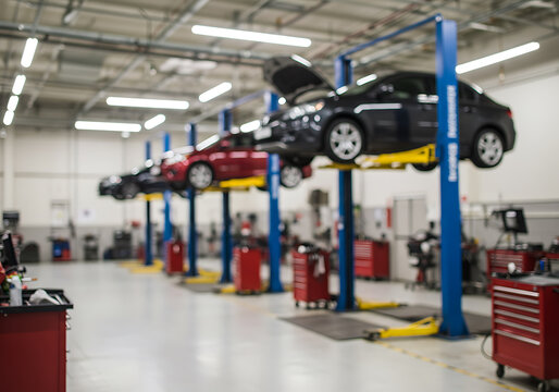 A row of cars being serviced at a busy auto repair shop, ready for maintenance checks.