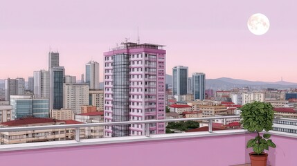 Fototapeta premium Anime Cityscape Night View from Balcony Urban Fantasy Pastel Colors