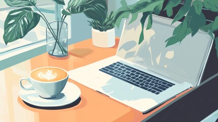 Glass cup of cappuccino next to a laptop generative ai