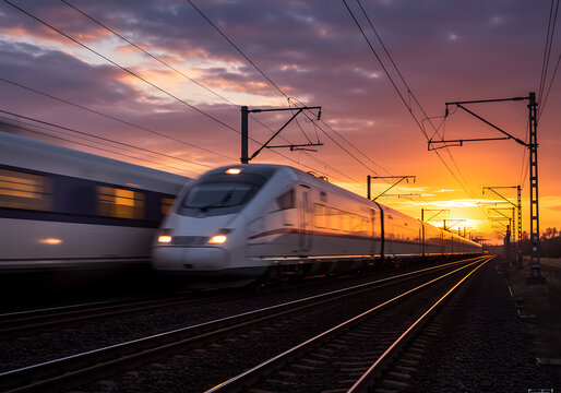 A high-speed train glides along the tracks against the backdrop of a vibrant sunset sky.
