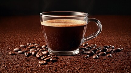 Glass coffee mug surrounded by coffee grounds and beans, minimal background generative ai