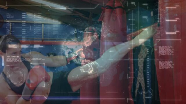 female boxer delivering kick in boxing gym, featuring digital HUD scanning data and glowing globe - Powered by Adobe