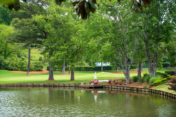Peaceful background of large green field and a lake. A nice setting to enjoy the cool weather and sun shines. 
