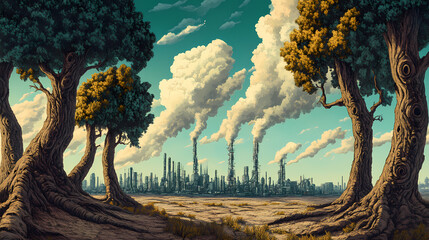 surreal trees distant city