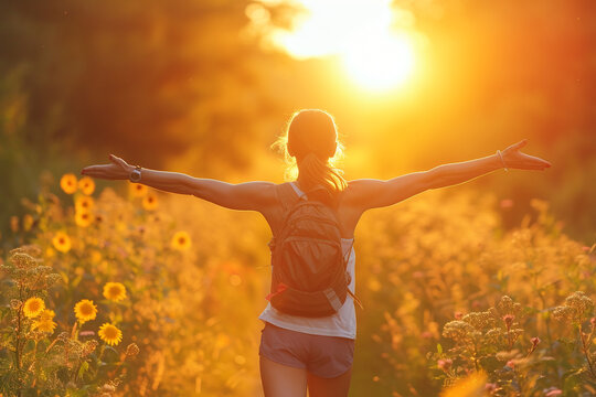 energetic adult runner embraces vibrant sunrise as they engage in a healthy and invigorating endurance exercise, showcasing their sporty and active lifestyle while promoting physical fitness and overa