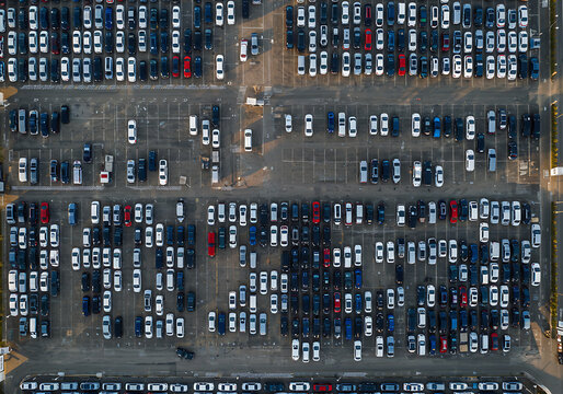 An aerial shot shows many cars neatly parked in a large parking lot, showcasing organization.