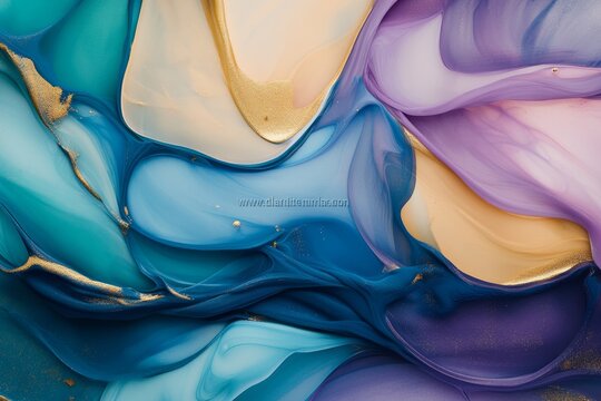 Abstract fluid art design with flowing colors and gold accents.