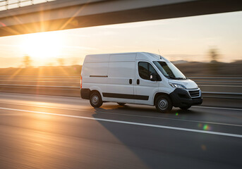 A white van speeds along a highway during sunset, showcasing dynamic motion and delivery.