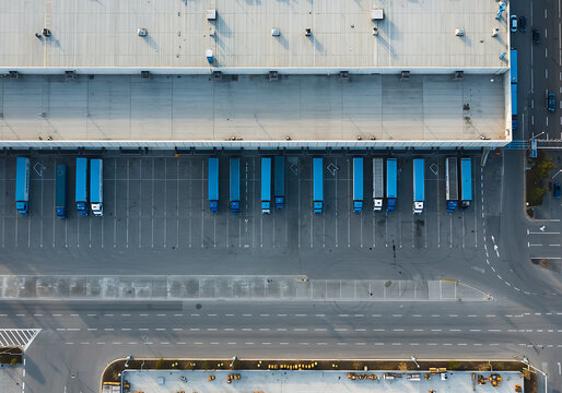 Aerial shot of a busy distribution center with semi-trucks at loading docks for efficient shipping.