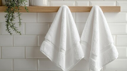 Soft White Towels Hanging on Wooden Shelf in Modern Bathroom Setting