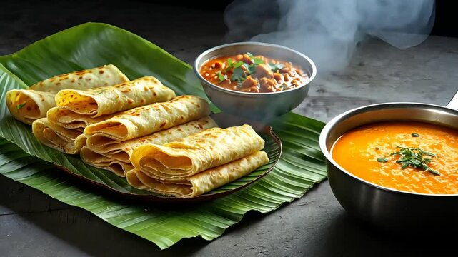 Indian food with dosa and sambar served on banana leaf in traditional style