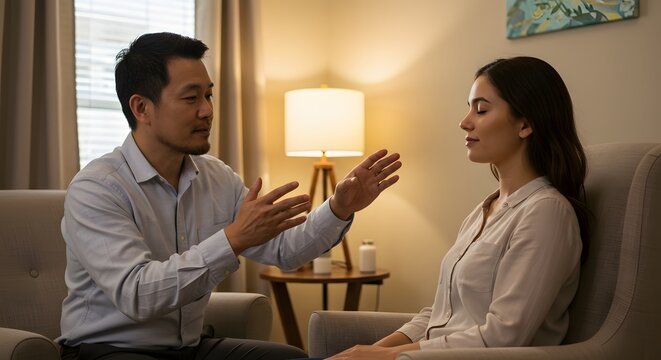 Man gesturing to a woman with closed eyes during a therapy session in a softly lit room indoors