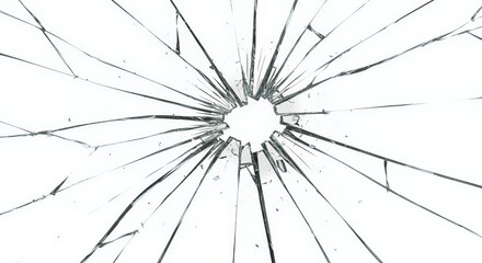 Obraz premium Shattered White Glass Radial Cracks on Isolated White Screen Detailed Close Up Illustrating Breakage and Damage Perfect for Ads Promotions and Conceptual Designs Studio Shot