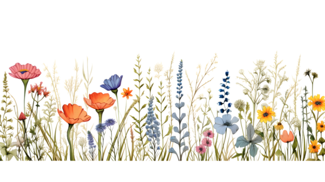 Hand-drawn Sketch of Wild Flowers Field Border for Natural Designs and Art Projects