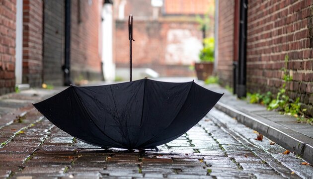 Black umbrella flipping inside-out in a stormy alley