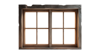 Marco de ventana de madera rústica, aislada sobre fondo transparente. PNG. 