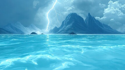 Stormy, turquoise waters crash against jagged peaks.
