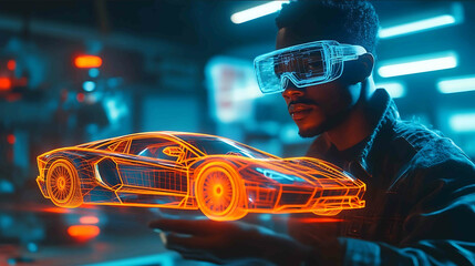 Futuristic automotive engineer wearing AR glasses analyzing 3D holographic sports car model glowing wireframe design blue and orange neon lights hightech digital lab environment con