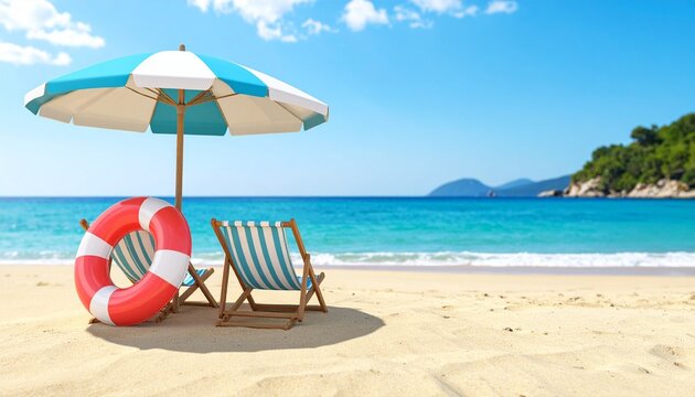 beach chairs and umbrella on the beach - Powered by Adobe