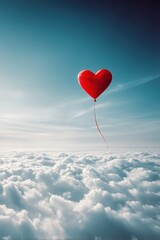 Red heart balloon floating peacefully above fluffy white clouds under a bright blue sky in a dreamy atmosphere