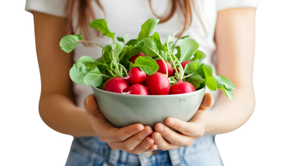 Professional woman holding a bowl of fresh ripe radish with green leaves