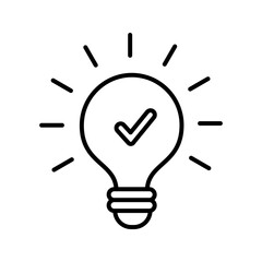 black bulb with checkmark like quick tip icon. flat stroke linear simple trend modern efficiency logotype design element isolated on white. concept of visionary info pictogram or conclusion symbol