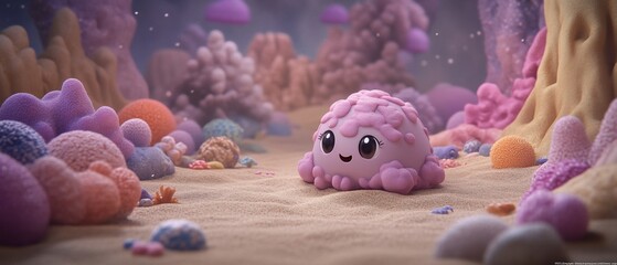 A cute, pink, octopus-like creature sits on a sandy seabed surrounded by pastel-colored coral