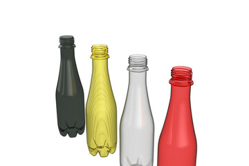 Set of Four 350ml Reusable Water Bottles with Silver Caps in Dark Green, Yellow, Pearl White, and Red – Transparent Plastic Bottles Isolated on White Background